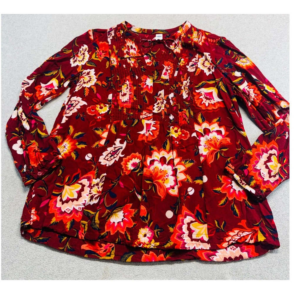 Old Navy Pintuck Swing Blouse Womens M Burgundy Floral Boho Rayon Tunic Top Boho